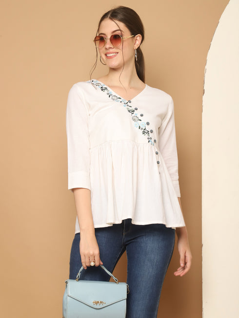 White Pure Cotton Embroidered Short Top