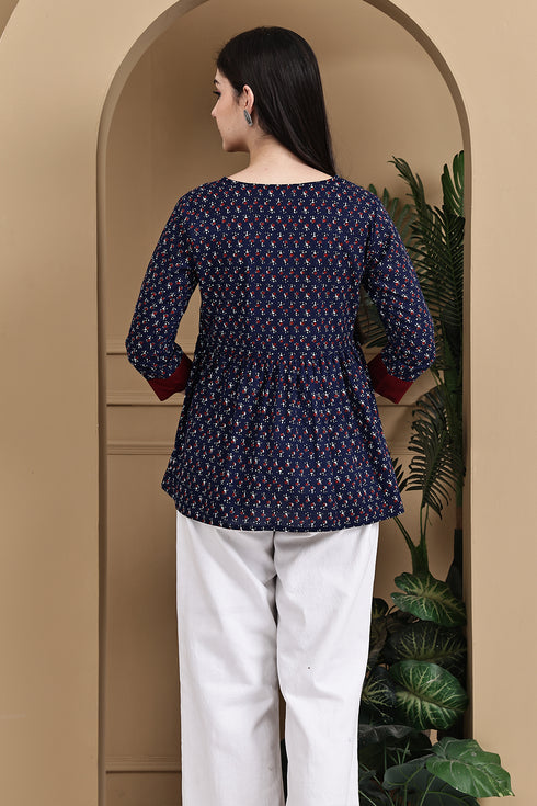 Navy Blue & Maroon Pure Cotton Floral Printed Short Top
