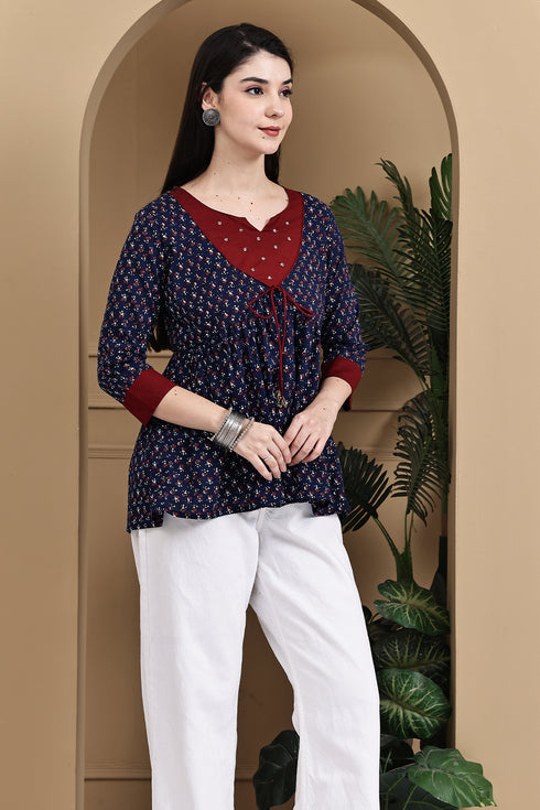 Navy Blue & Maroon Pure Cotton Floral Printed Short Top