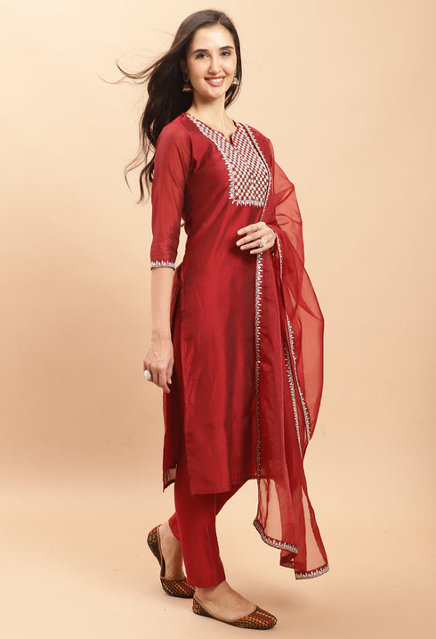 Pure Chanderi Silk With Inner Embroidered Kurta Set With Dupatta