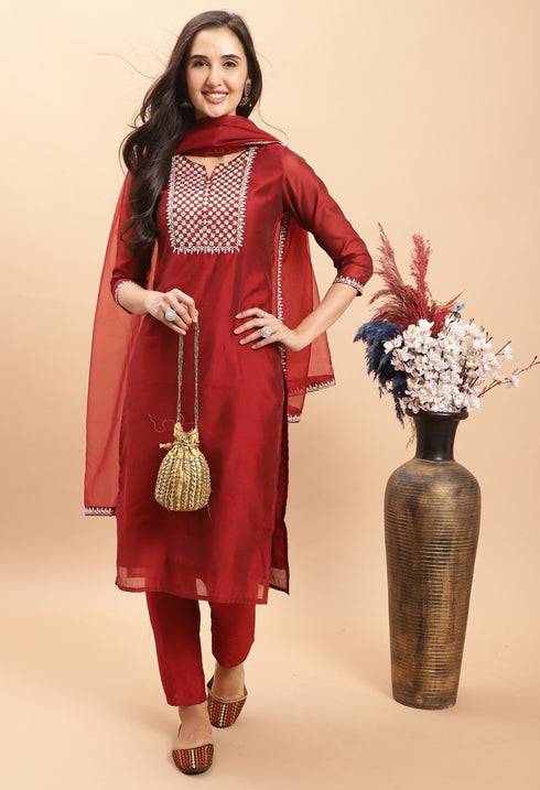 Pure Chanderi Silk With Inner Embroidered Kurta Set With Dupatta