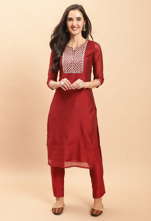 Pure Chanderi Silk With Inner Embroidered Kurta Set With Dupatta