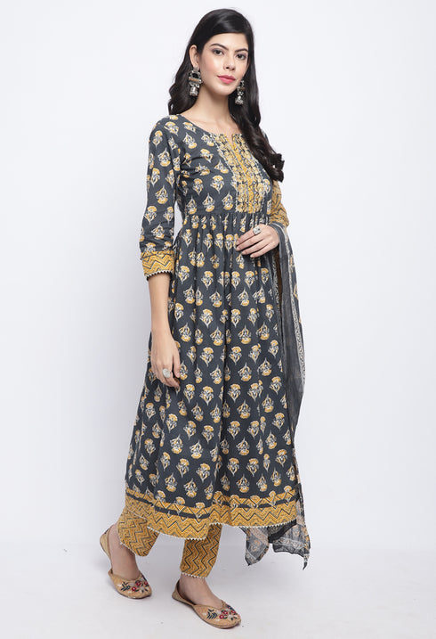 Grey & Mustard Pure Cotton Jaipuri Printed And Embroidered Kurta Set With Dupatta