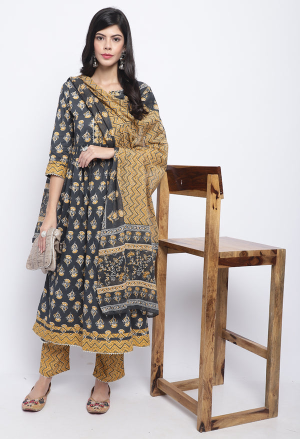 Grey & Mustard Pure Cotton Jaipuri Printed And Embroidered Kurta Set With Dupatta
