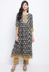 Grey & Mustard Pure Cotton Jaipuri Printed And Embroidered Kurta Set With Dupatta