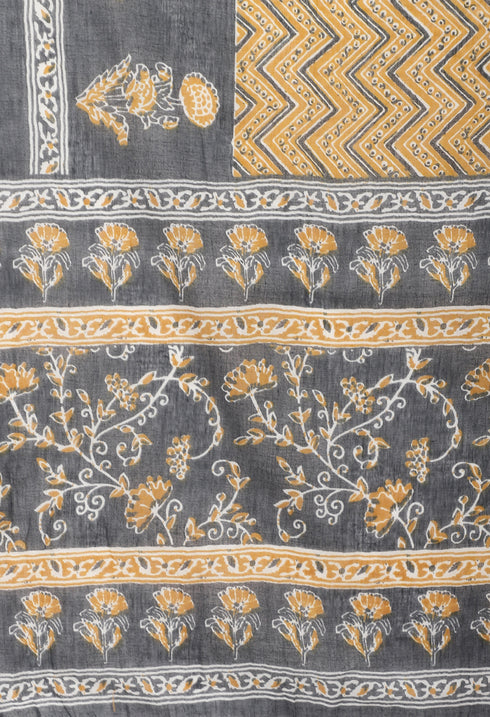 Grey & Mustard Pure Cotton Jaipuri Printed And Embroidered Kurta Set With Dupatta