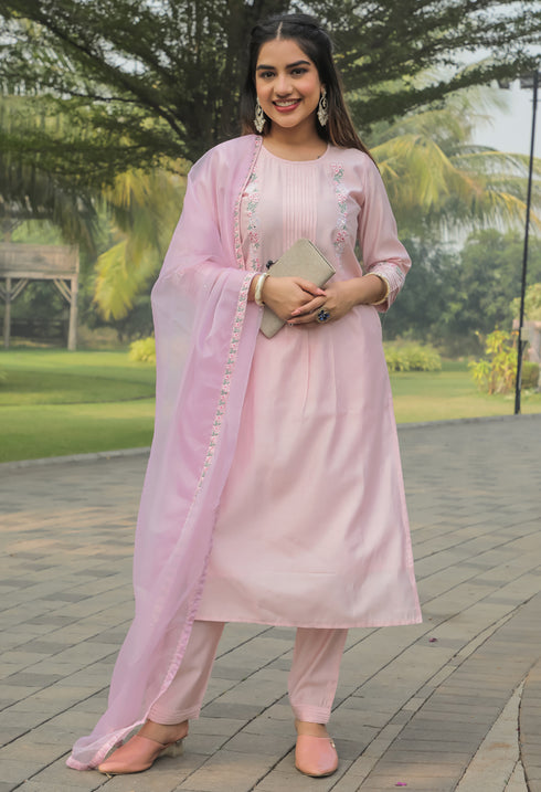 Pink Silk Embroidered Kurta Set With Dupatta