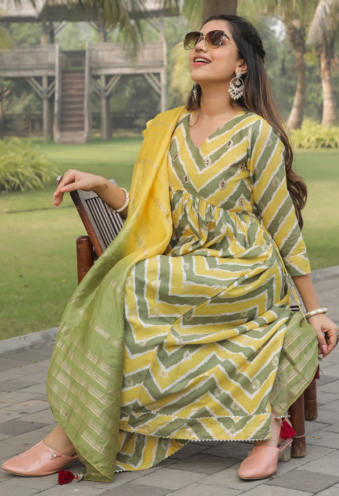 Yellow & Green Pure Cotton Jaipuri Printed And Embroidered Kurta Set With Dupatta