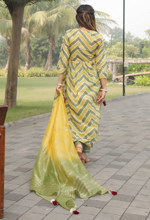 Yellow & Green Pure Cotton Jaipuri Printed And Embroidered Kurta Set With Dupatta