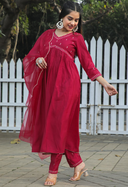 Pink Poly Silk Embroidered Kurta Set With Dupatta