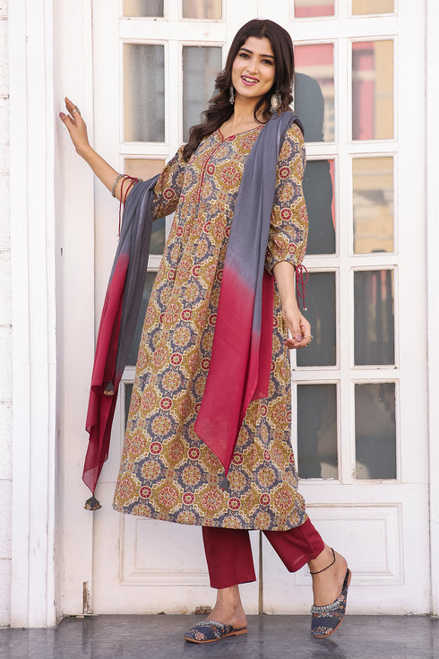 Mahendi Green & Maroon Pure Cotton Embroidered Anarkali Kurta & Pant With Dupatta