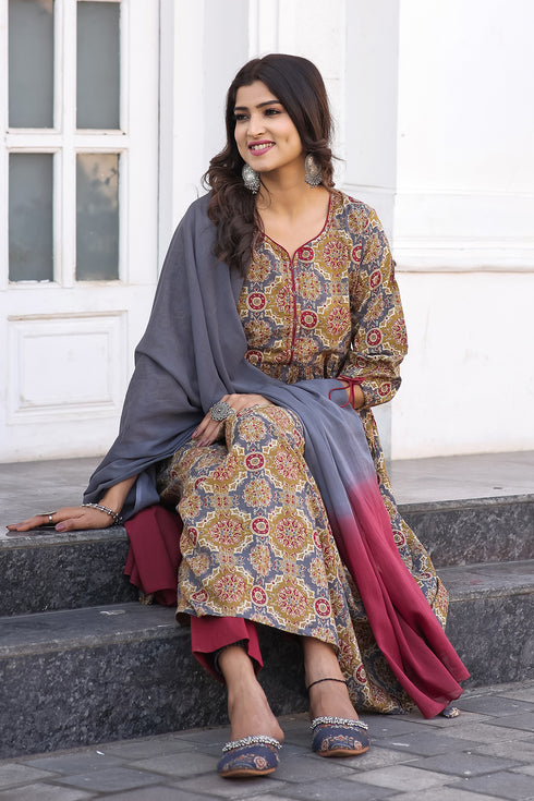 Mahendi Green & Maroon Pure Cotton Embroidered Anarkali Kurta & Pant With Dupatta