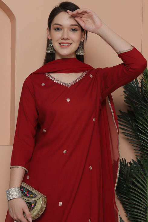 Maroon Rayon Slub Embroidered Straight Kurta & Pant With Dupatta