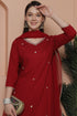 Maroon Rayon Slub Embroidered Straight Kurta & Pant With Dupatta