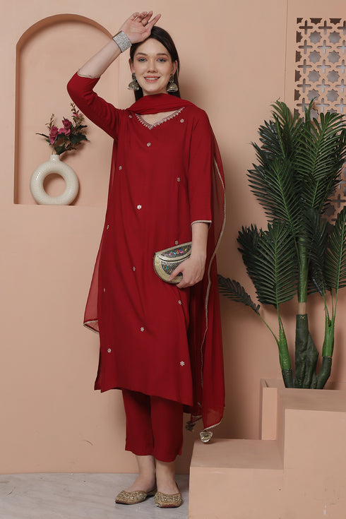 Maroon Rayon Slub Embroidered Straight Kurta & Pant With Dupatta