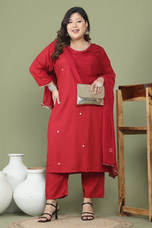 Maroon Rayon Slub Solid Plus Size Kurta & Pant With Dupatta