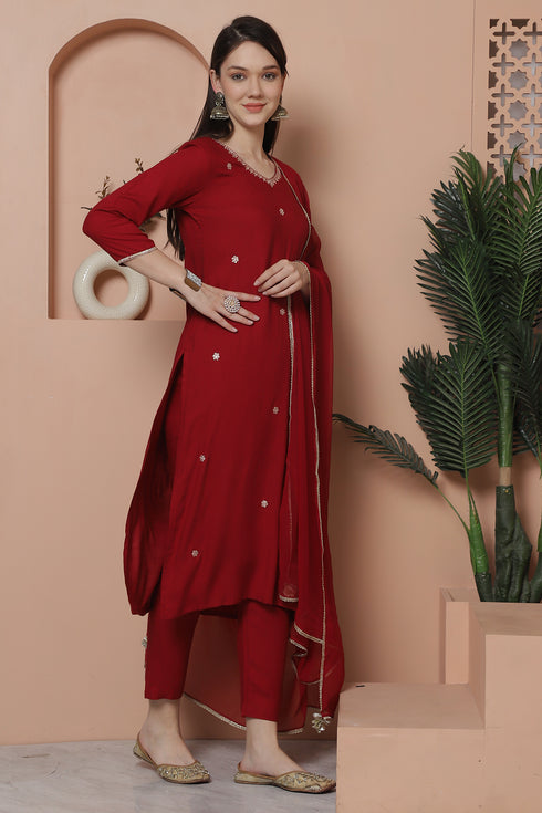 Maroon Rayon Slub Embroidered Straight Kurta & Pant With Dupatta
