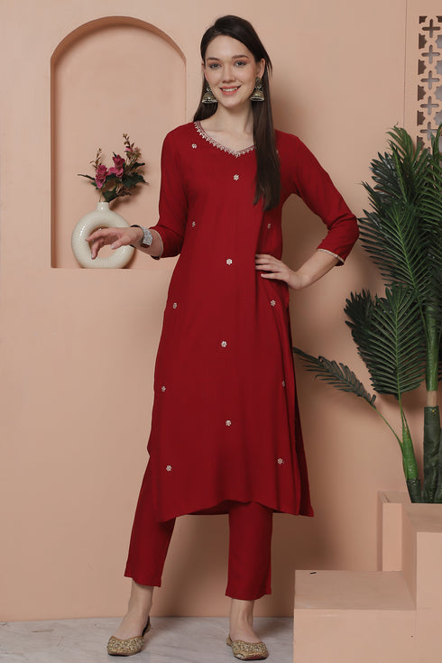 Maroon Rayon Slub Embroidered Straight Kurta & Pant With Dupatta