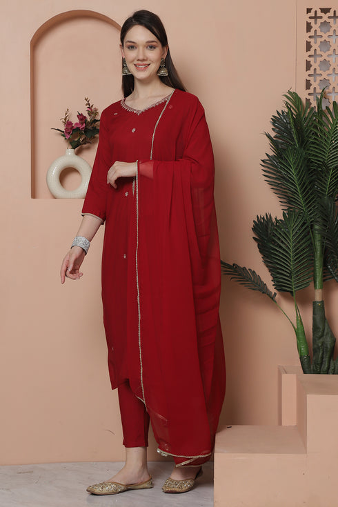 Maroon Rayon Slub Embroidered Straight Kurta & Pant With Dupatta
