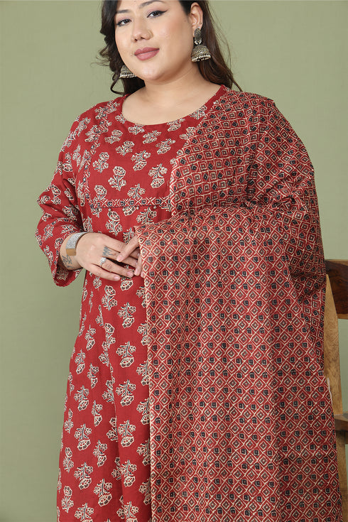 Maroon Pure Cotton Jaipuri Printed Plus Size Kurta & Pant With Dupatta
