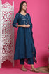 Teal Blue Poly Silk Embroidered Anarkali Kurta & Pant With Dupatta
