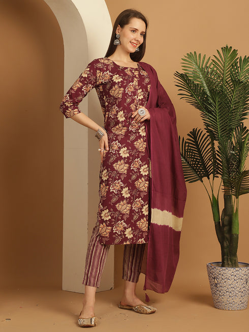 Wine & Beige Pure Cotton Embroidered Straight Kurta & Pant With Dupatta