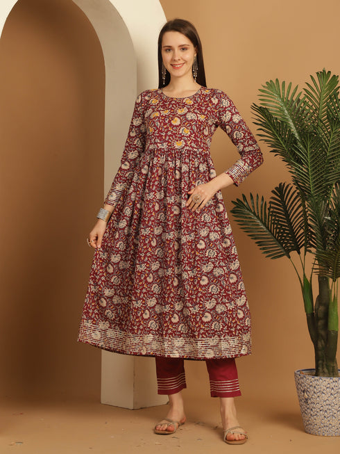 Maroon Pure Cotton Embroidered Anarkali Kurta & Pant With Dupatta