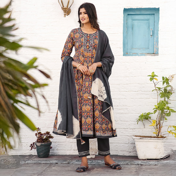 Women Grey & Mustard Pure Cotton Jaipuri Ajrak Printed Kurta & Pant With Dupatta