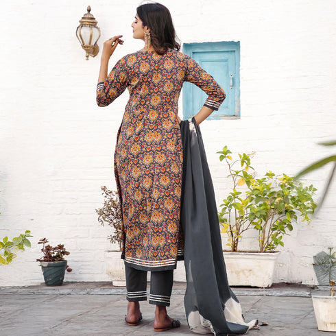 Women Grey & Mustard Pure Cotton Jaipuri Ajrak Printed Kurta & Pant With Dupatta
