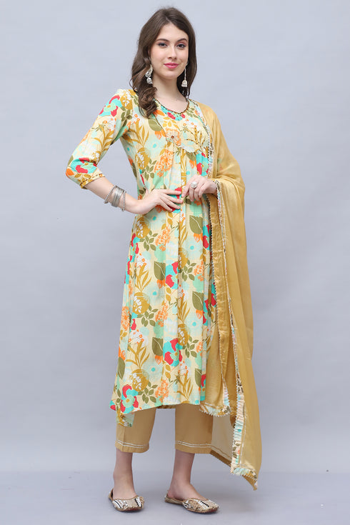 Multicolor Chinon Embroidered Anarkali Kurta & Pant With Dupatta