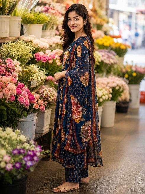 Blue Cotton Floral Printed Kurta & Pant With Dupatta