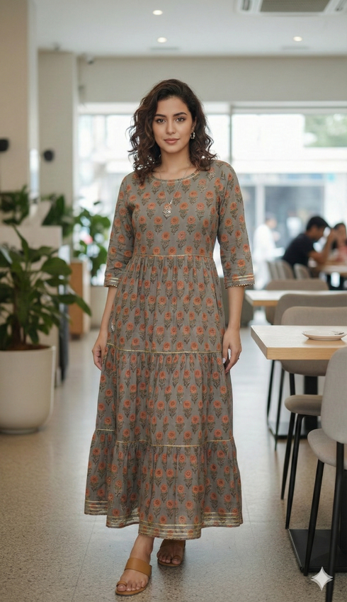 Grey And Orange Pure Cambric Cotton Jaipuri Floral Printed Kurti