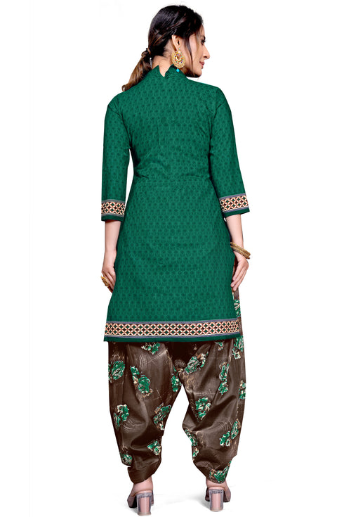 Green Cotton Blend Printed Unstitched Salwar Suit Material