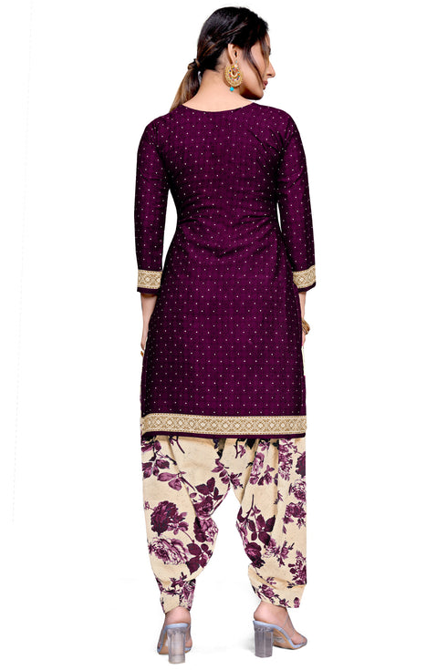 Wine Cotton Blend Printed Unstitched Salwar Suit Material