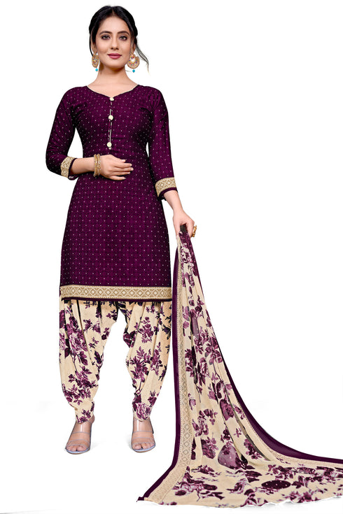 Wine Cotton Blend Printed Unstitched Salwar Suit Material