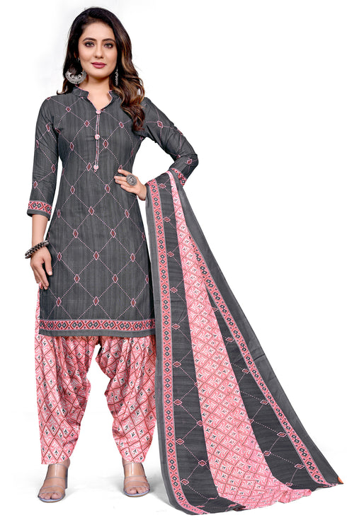 Grey Cotton Blend Printed Unstitched Salwar Suit Material