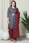Grey Polyester Cotton Printed Salwar Suit with Dupatta