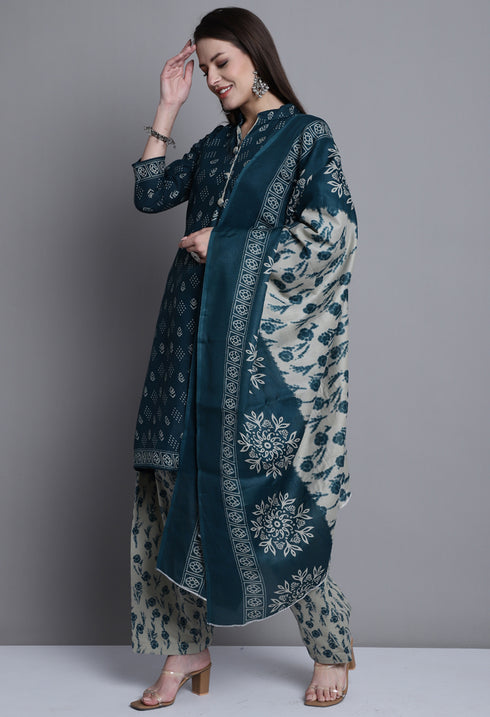 Green Polyester Cotton Printed Salwar Suit with Dupatta