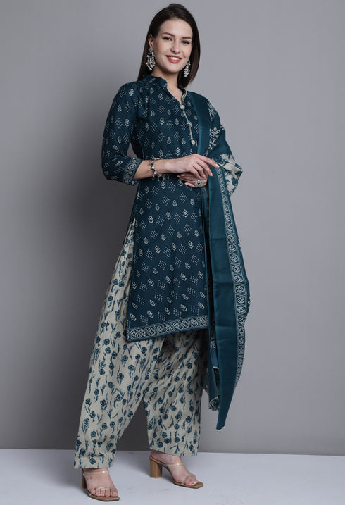 Green Polyester Cotton Printed Salwar Suit with Dupatta