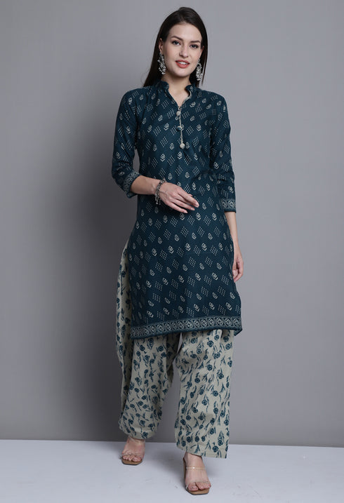 Green Polyester Cotton Printed Salwar Suit with Dupatta