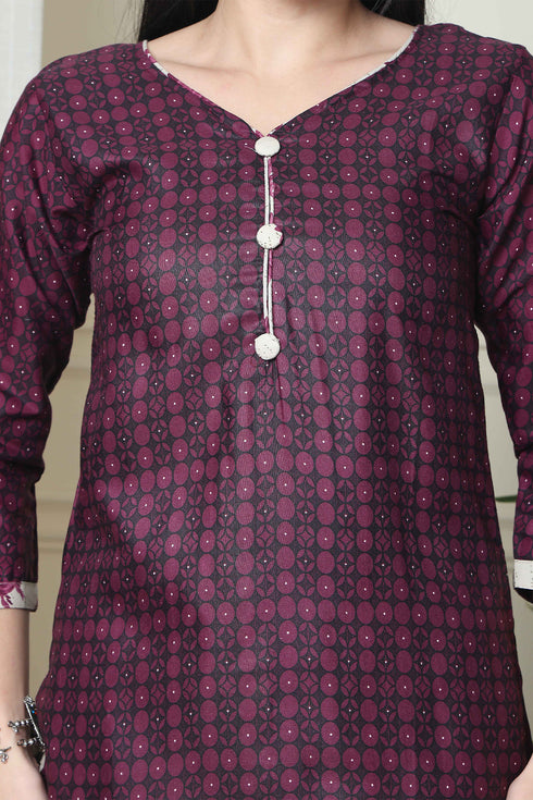 Wine Polyester Cotton Printed Salwar Suit with Dupatta