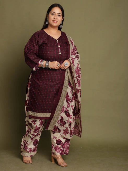 Wine Cotton Blend Printed Ready to Wear Patiala Salwar Suit