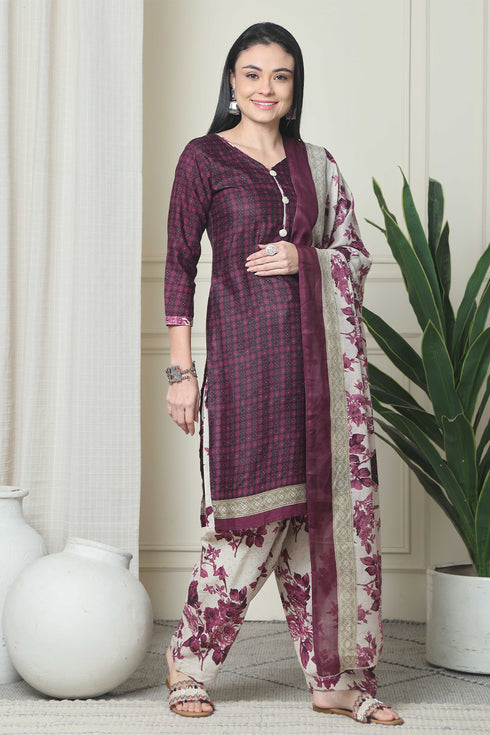 Wine Polyester Cotton Printed Salwar Suit with Dupatta