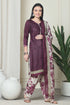 Wine Polyester Cotton Printed Salwar Suit with Dupatta