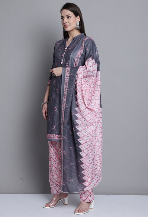 Grey Polyester Cotton Printed Salwar Suit with Dupatta