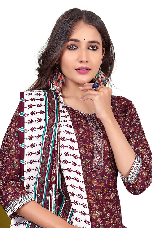 Wine Cotton Blend Printed Ready to Wear Patiala Salwar Suit