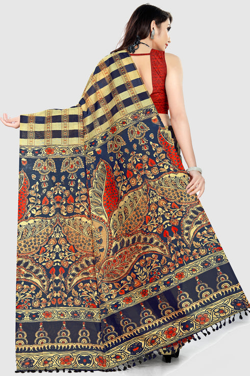 Beige And Black Cotton Silk Printed Traditional Saree With Blouse Piece