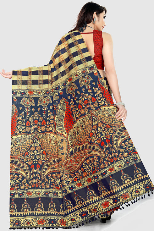 Beige And Black Cotton Silk Printed Traditional Saree With Blouse Piece