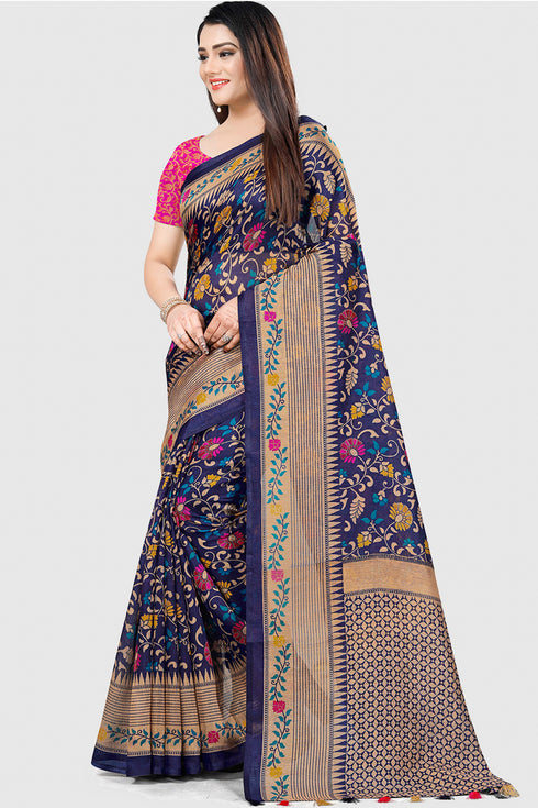 Blue Tussar Silk Printed Traditional Saree With Blouse Piece