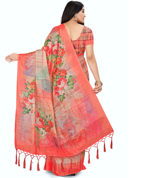 Peach Cotton Silk Printed Traditional Saree With Blouse Piece